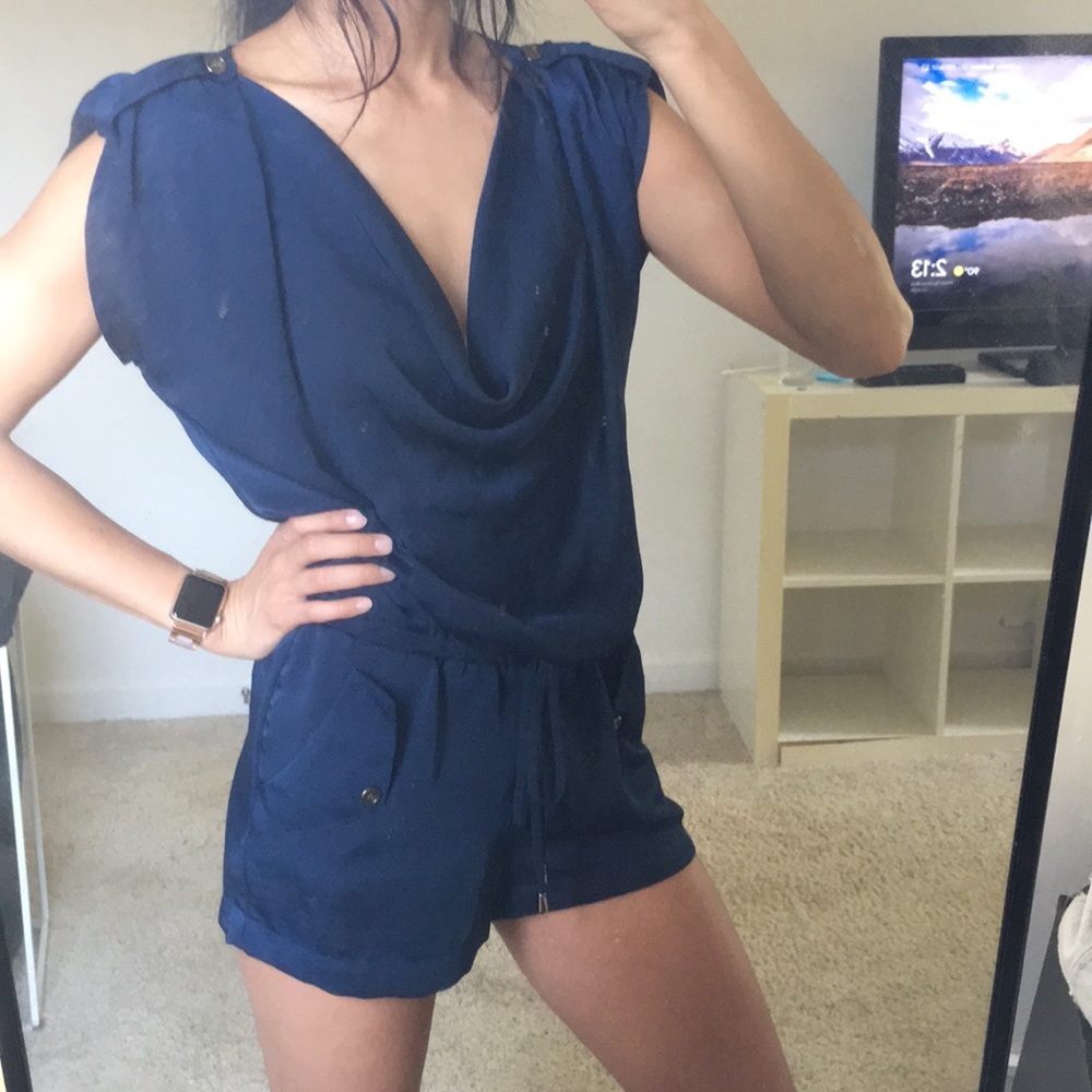 Shiny navy cowl neck romper